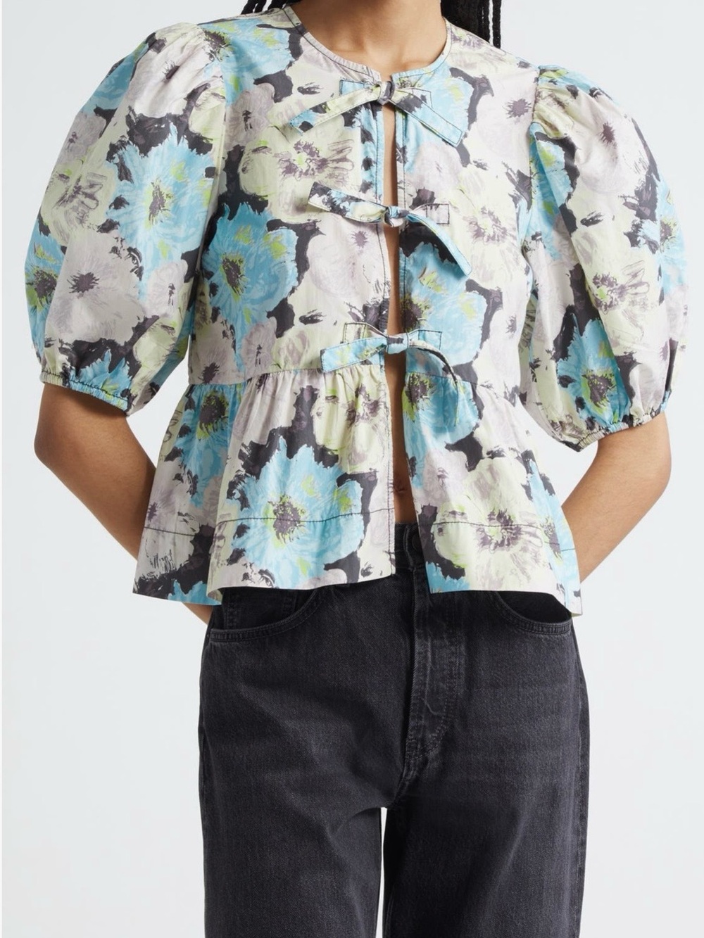 GANNI Printed Cotton Poplin Peplum Blouse Tie Front Puff Sleeve Floral Top Size